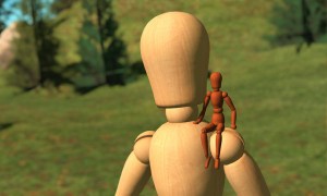 Digital rendering of a tiny artist mannequin perched on a life size artist mannequin. Provided by gimme some of dat dlicious resursion on Flickr.